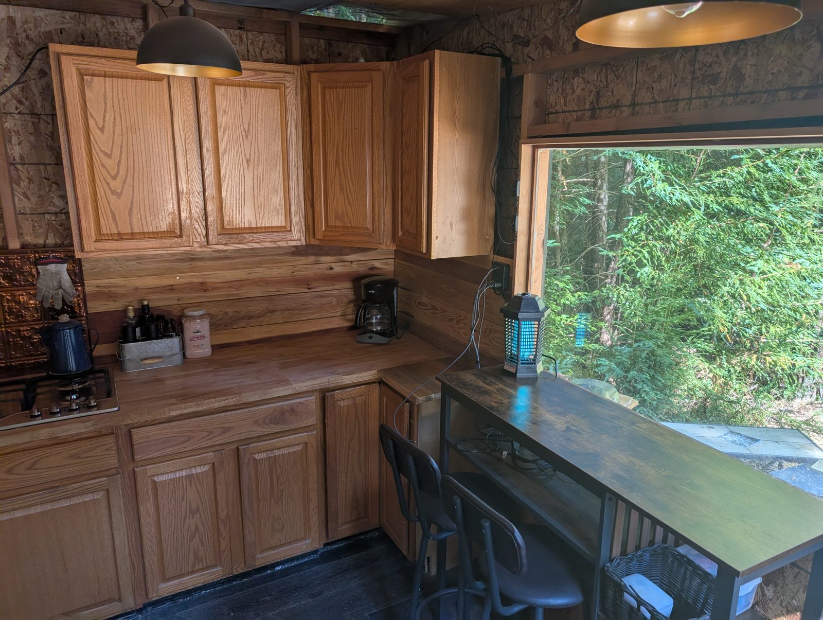 The kitchen, wood counters and a window full of forest